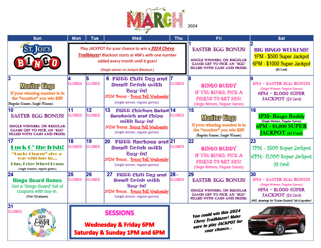 Calendar - St. Joe's Bingo Calendar - St. Joe's Bingo